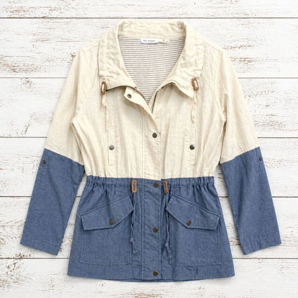 Blu Pepper Womens Medium Colorblock Linen Cotton Lightweight Utility Jacket
